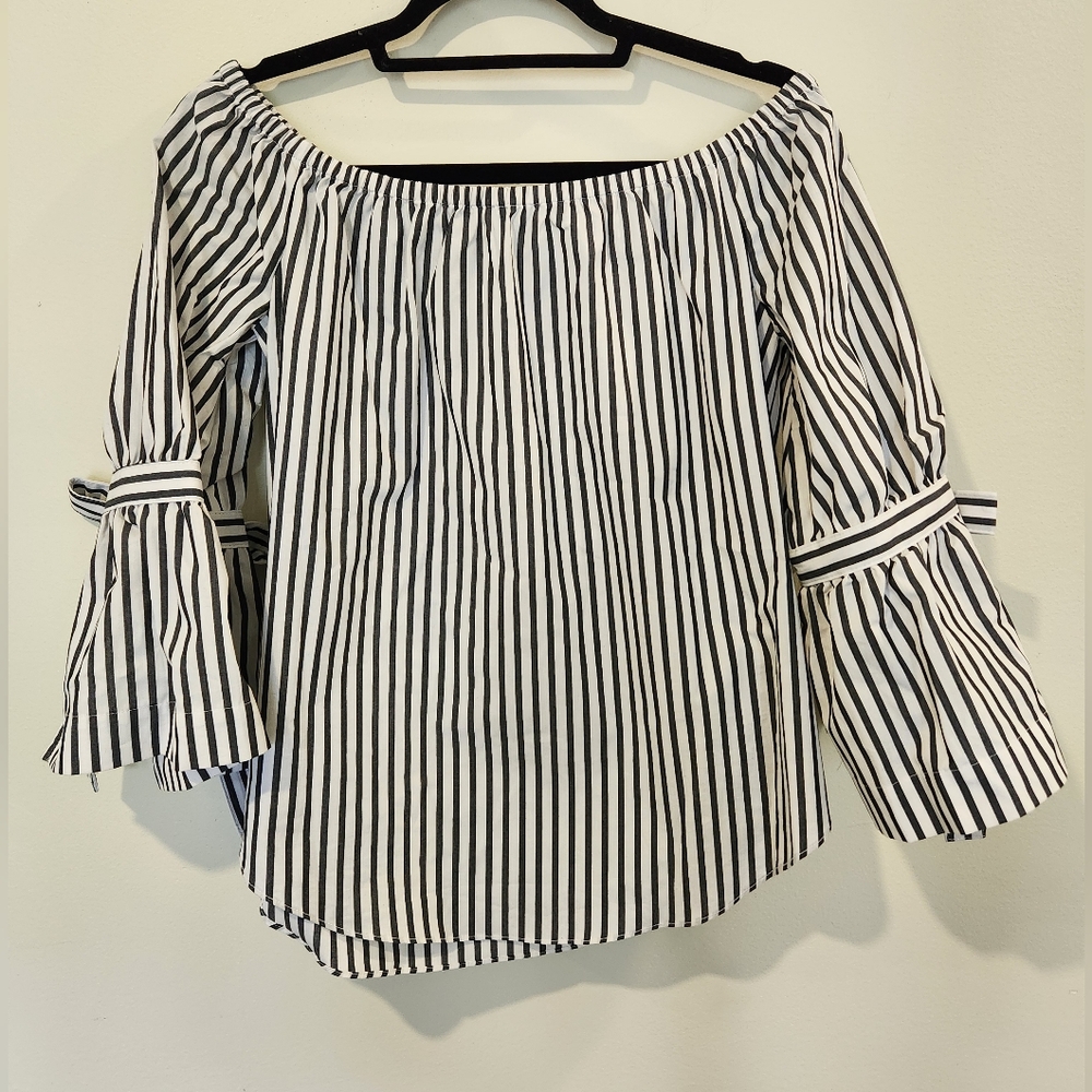 New York & Company Cotton Off-Shoulder Striped Blouse